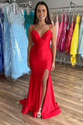 Red Prom Dress Mermaid Backless Long Evening Dress With Slit